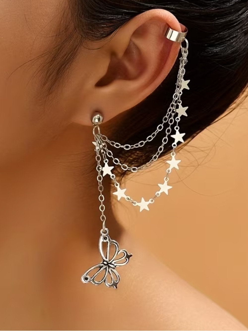 Silver Star & Butterfly Multi-Chain Ear Cuff Earrings Set